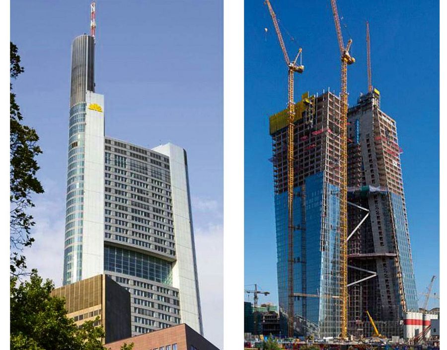 Links: Nur 60 cm Abstand zum Nachbargebäude, eine besondere Herausforderung beim Bau das Commerzbank, Frankfurt/ Rechts: Ein solides Fundament für den Euro, die Europäische Zentralbank in Frankfurt Links: Nur 60 cm Abstand zum Nachbargebäude, eine besondere Herausforderung beim Bau das Commerzbank, Frankfurt/ Rechts: Ein solides Fundament für den Euro, die Europäische Zentralbank in Frankfurt