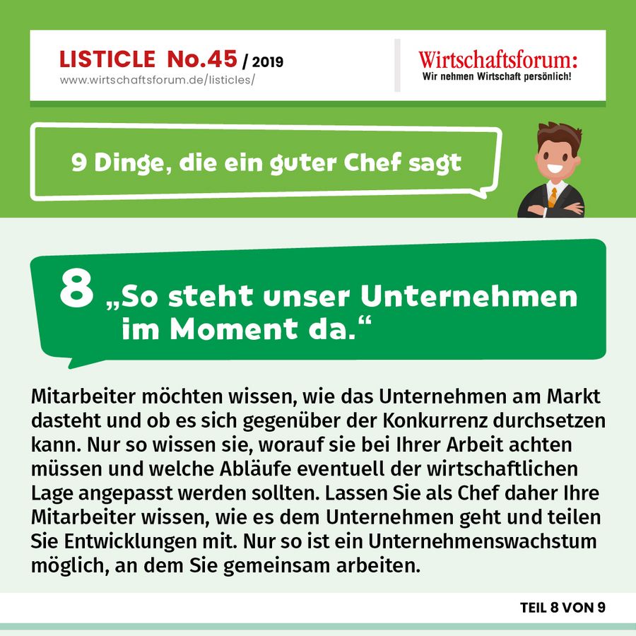 9 Dinge, die ein guter Chef sagt - “So steht unser Unternehmen im Moment da” 9 Dinge, die ein guter Chef sagt - “So steht unser Unternehmen im Moment da”