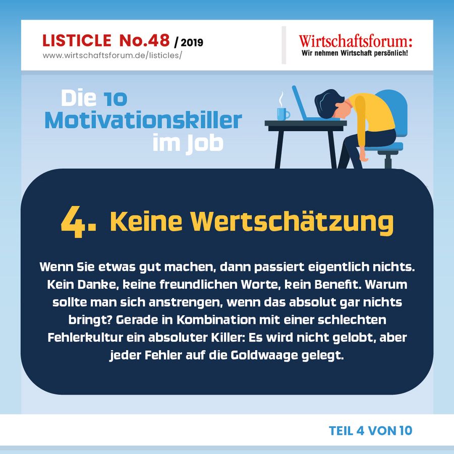 Die 10 Motivationskiller im Job - Keine Wertschätzung Die 10 Motivationskiller im Job - Keine Wertschätzung