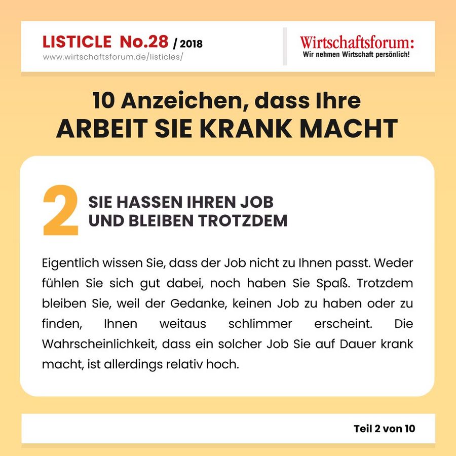 10 Anzeichen, dass Ihre Arbeit Sie krank macht - Wirtschaftsforum Listicle 10 Anzeichen, dass Ihre Arbeit Sie krank macht - Wirtschaftsforum Listicle