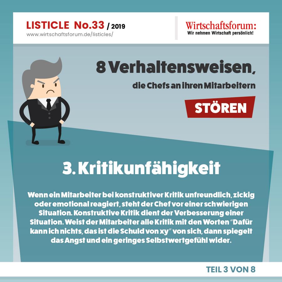 8 Verhaltensweisen, die Chefs an ihren Mitarbeitern stören - Kritikunfähigkeit 8 Verhaltensweisen, die Chefs an ihren Mitarbeitern stören - Kritikunfähigkeit
