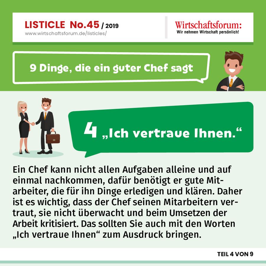 9 Dinge, die ein guter Chef sagt - “Ich vertraue Ihnen” 9 Dinge, die ein guter Chef sagt - “Ich vertraue Ihnen”