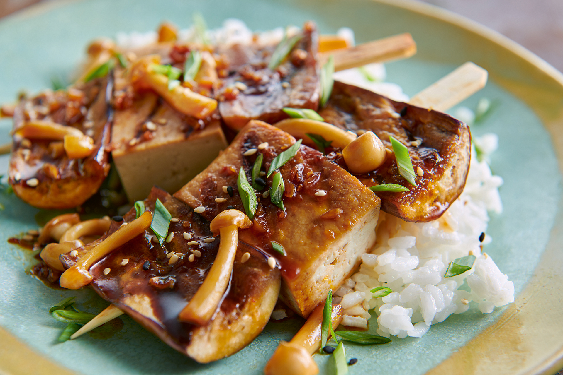 Kikkoman Trading Europe GmbH Tofu- und Auberginenspieße mit Teriyaki-Marinade Kikkoman Trading Europe GmbH Tofu- und Auberginenspieße mit Teriyaki-Marinade