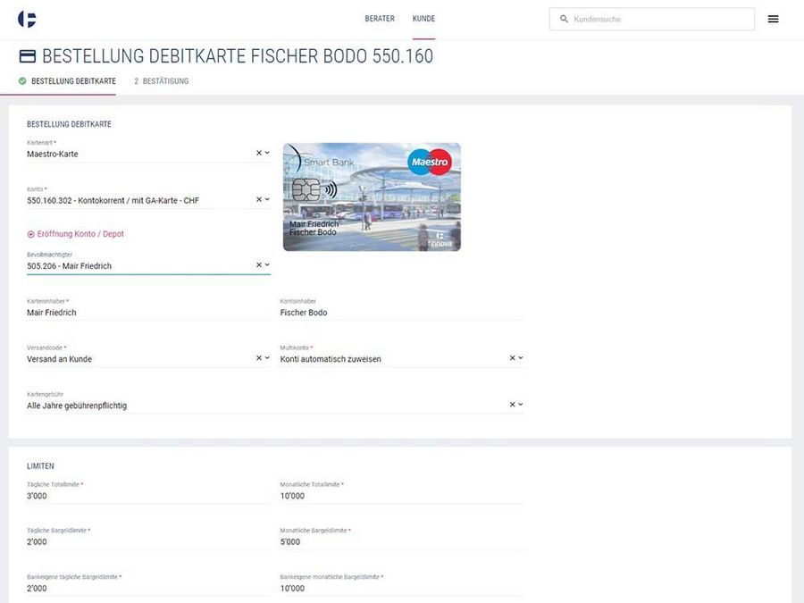 Finnova Galerie In der Advisor Workbench werden spezifische Geschäftsfälle in der Bearbeitung einfach - hier der Bestellprozess einer Debit-Karte inklusive Limiten und Gebühren. Alles über im Zugriff des Kundenberaters